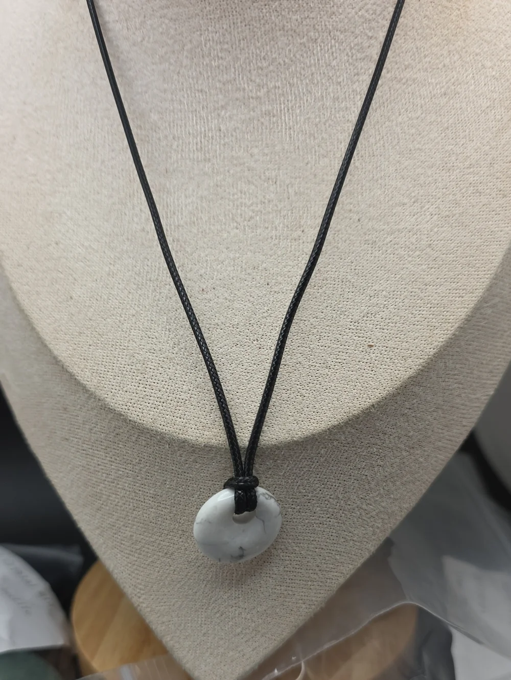 White Howlite Pendant Necklace on Black Cord (2480)